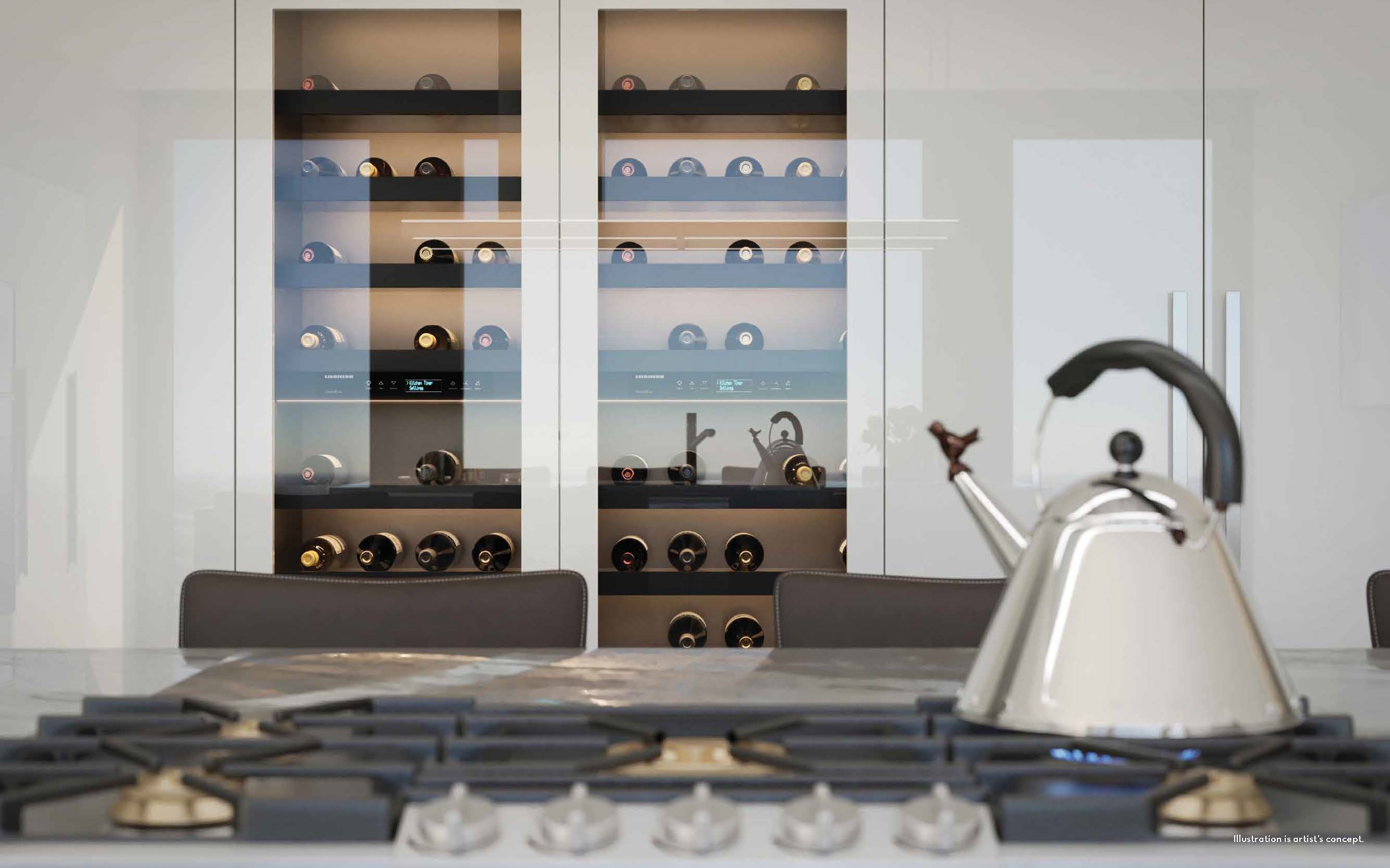 Rendering of 50 Scollard Yorkville Condos large wine fridge in suite kitchen.