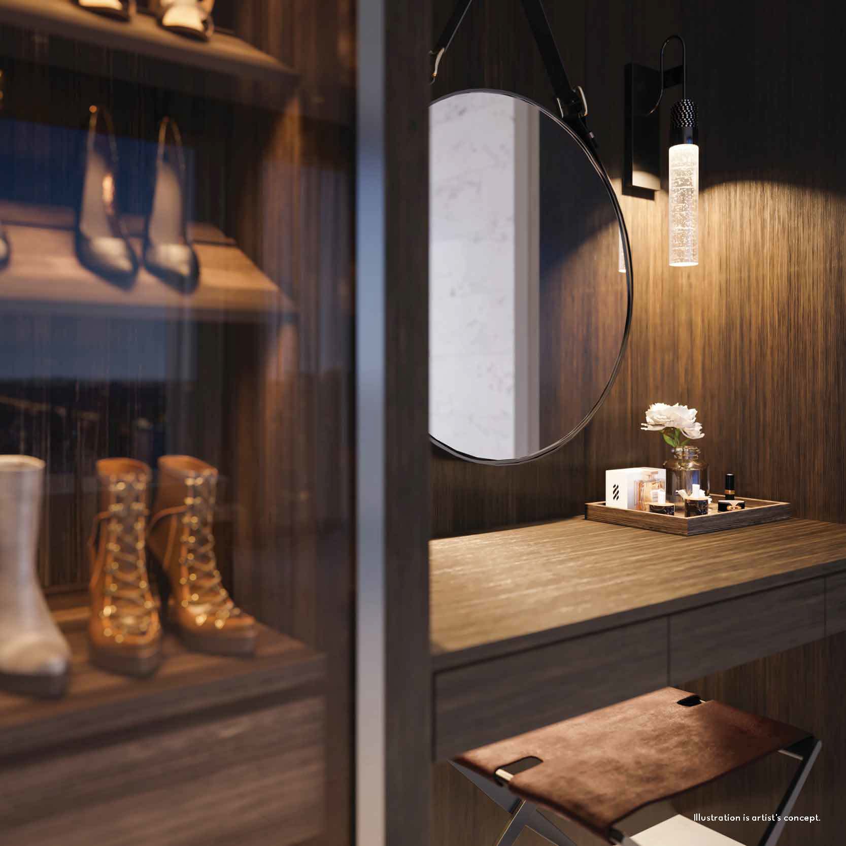 Rendering of 50 Scollard Yorkville Condos luxury closet with beauty stand.