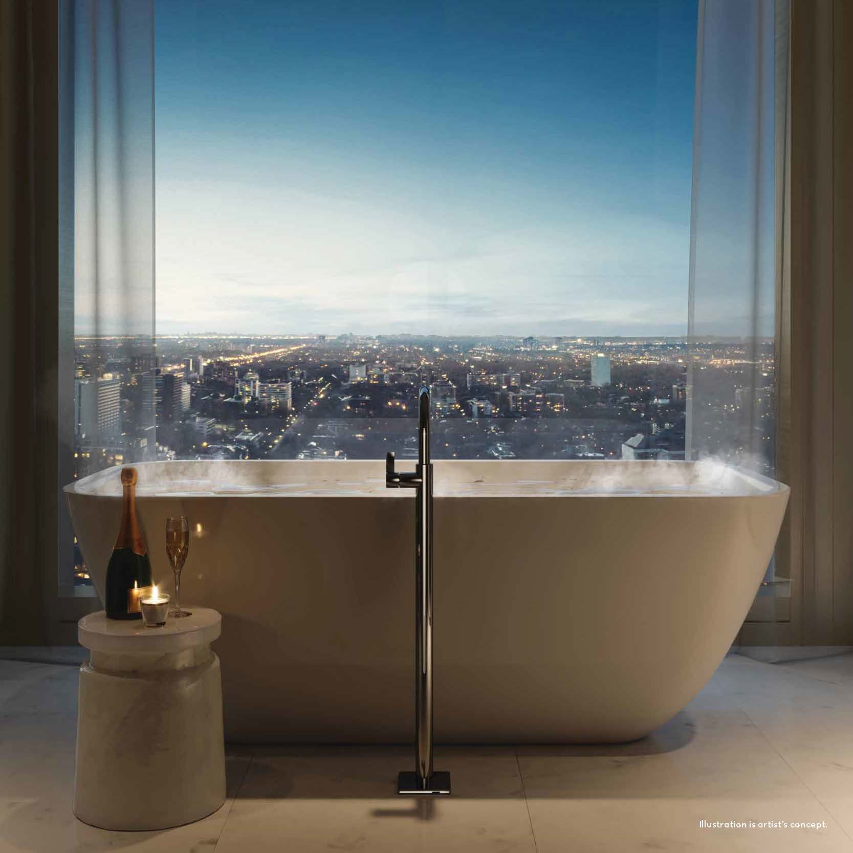 Rendering of 50 Scollard Yorkville Condos suite luxury bath by window.
