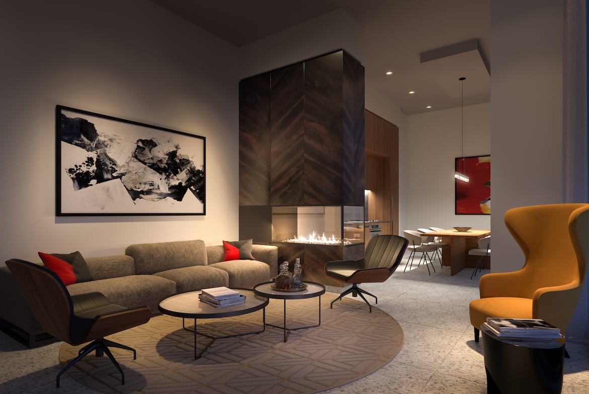 Rendering of Television City Condos party room interior at night