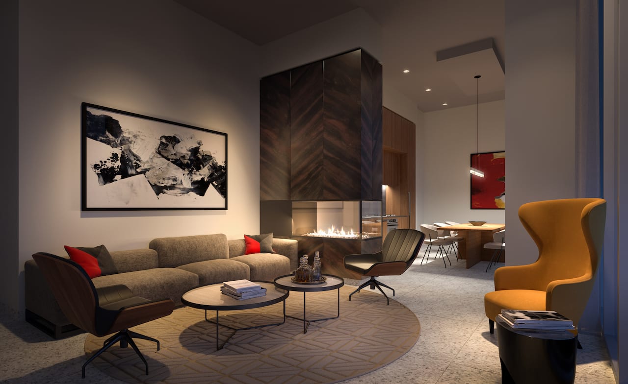 Rendering of Television City Condos party room interior at night