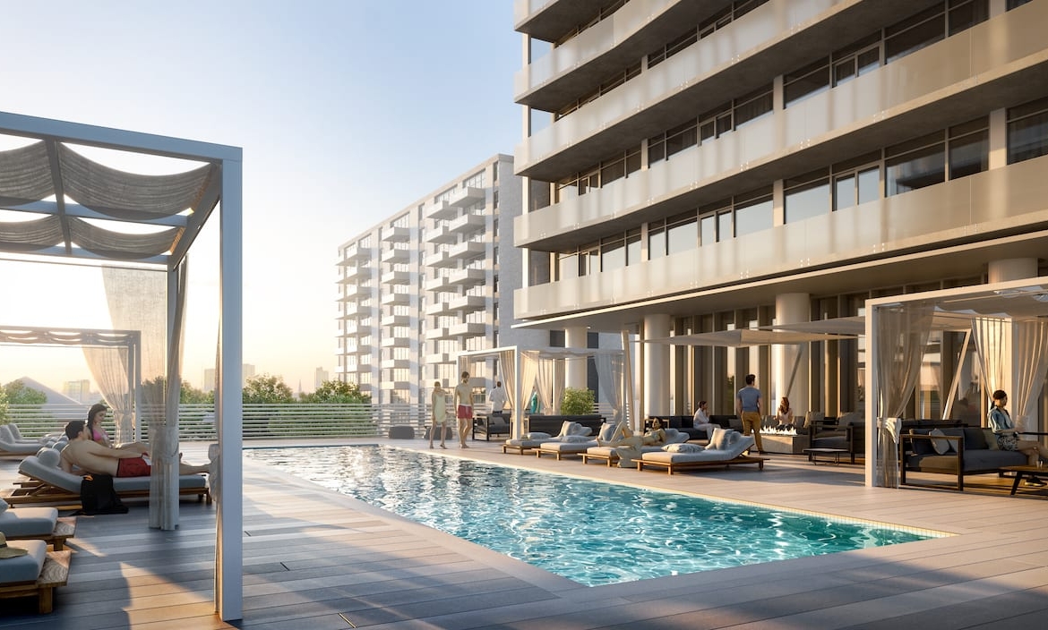 Rendering of Television City Condos exterior with swimming pool