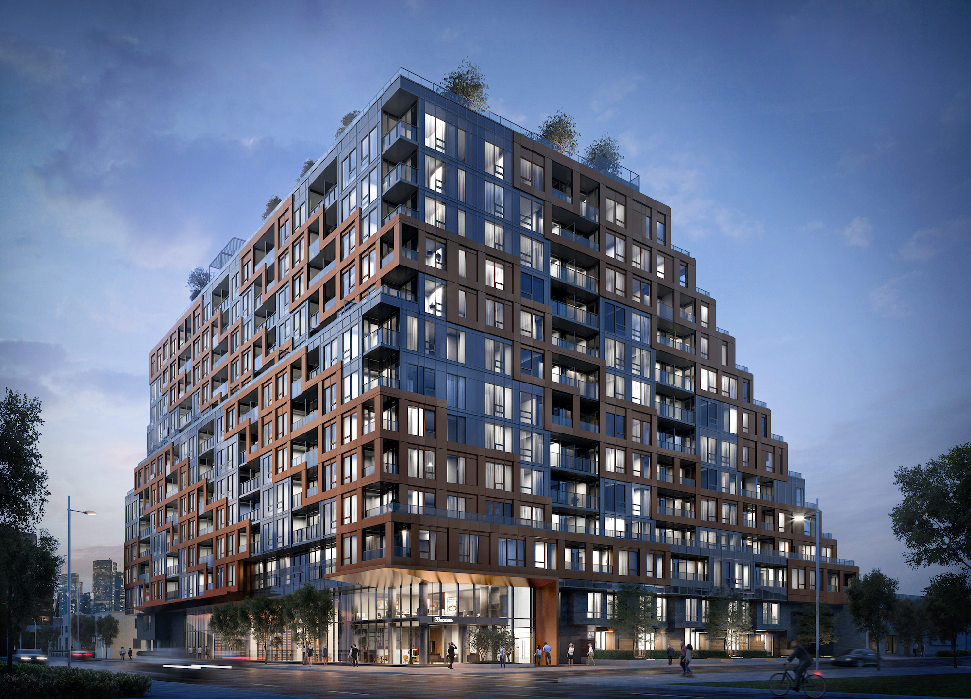 Rendering of 28 Eastern Condos full exterior at night.