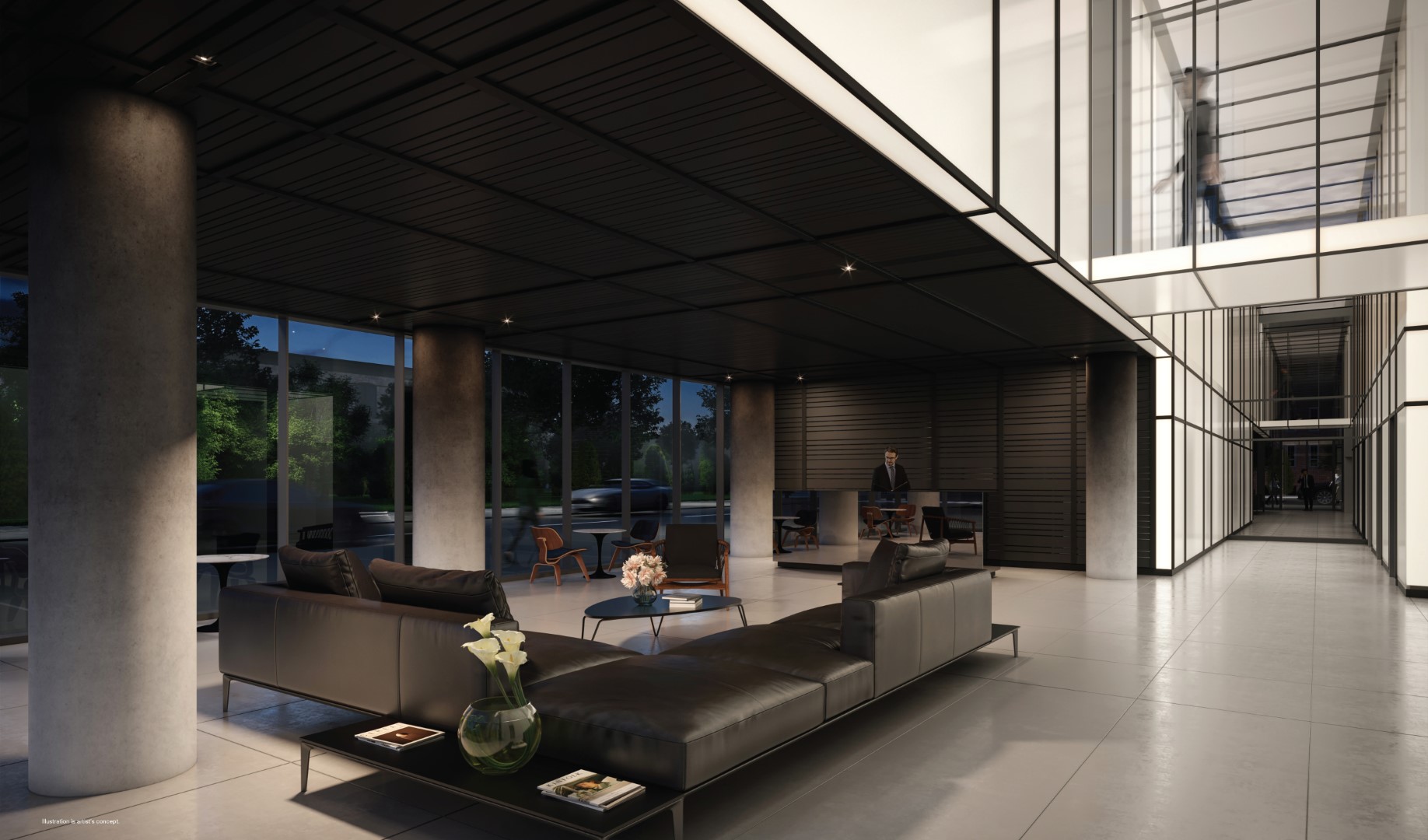 Rendering of 28 Eastern Condos interior lobby at night.