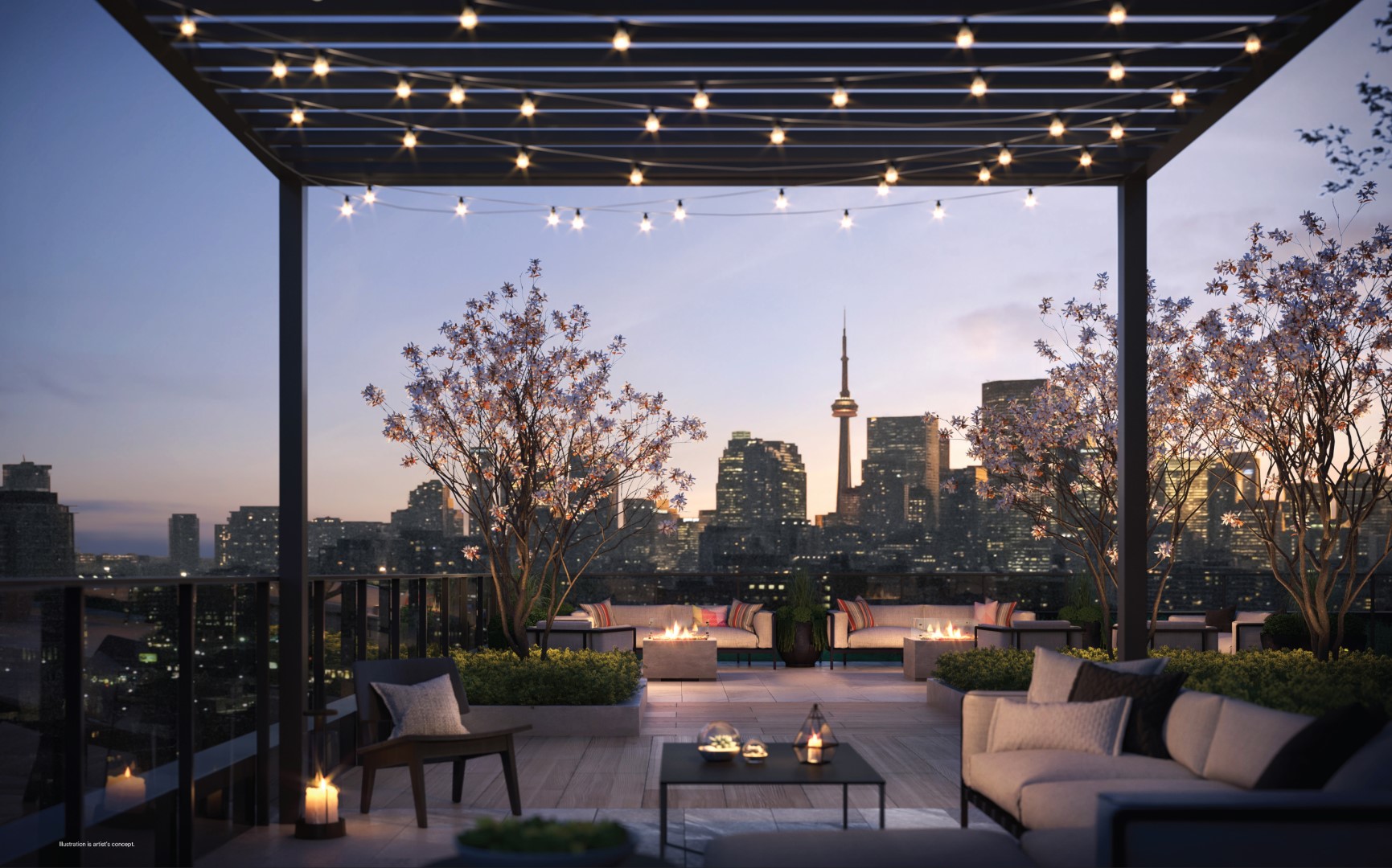 Rendering of 28 Eastern Condos rooftop terrace at dusk.
