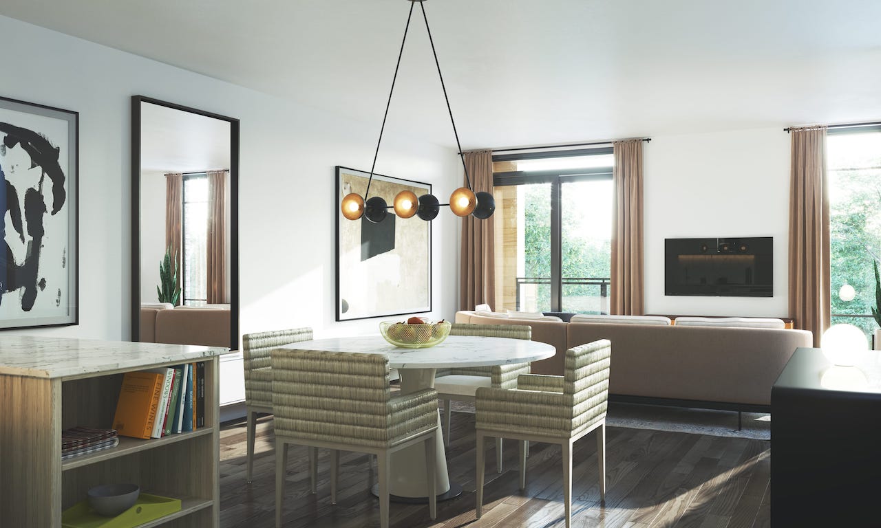 Rendering of Birchcliff Towns suite interior kitchen living.