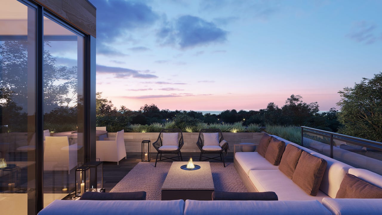 Rendering of Birchcliff Towns rooftop patio at night.
