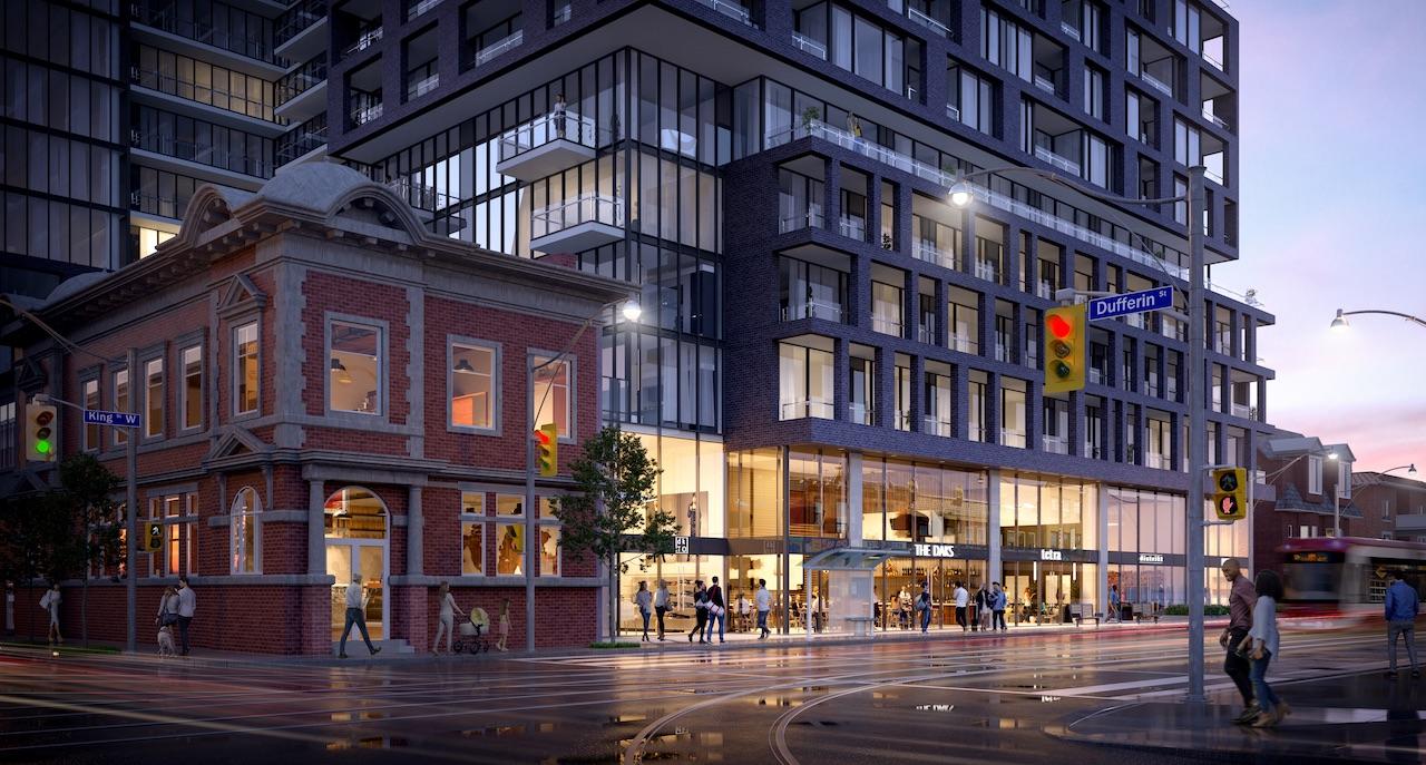 Exterior street-view rendering of XO Condos in Toronto.
