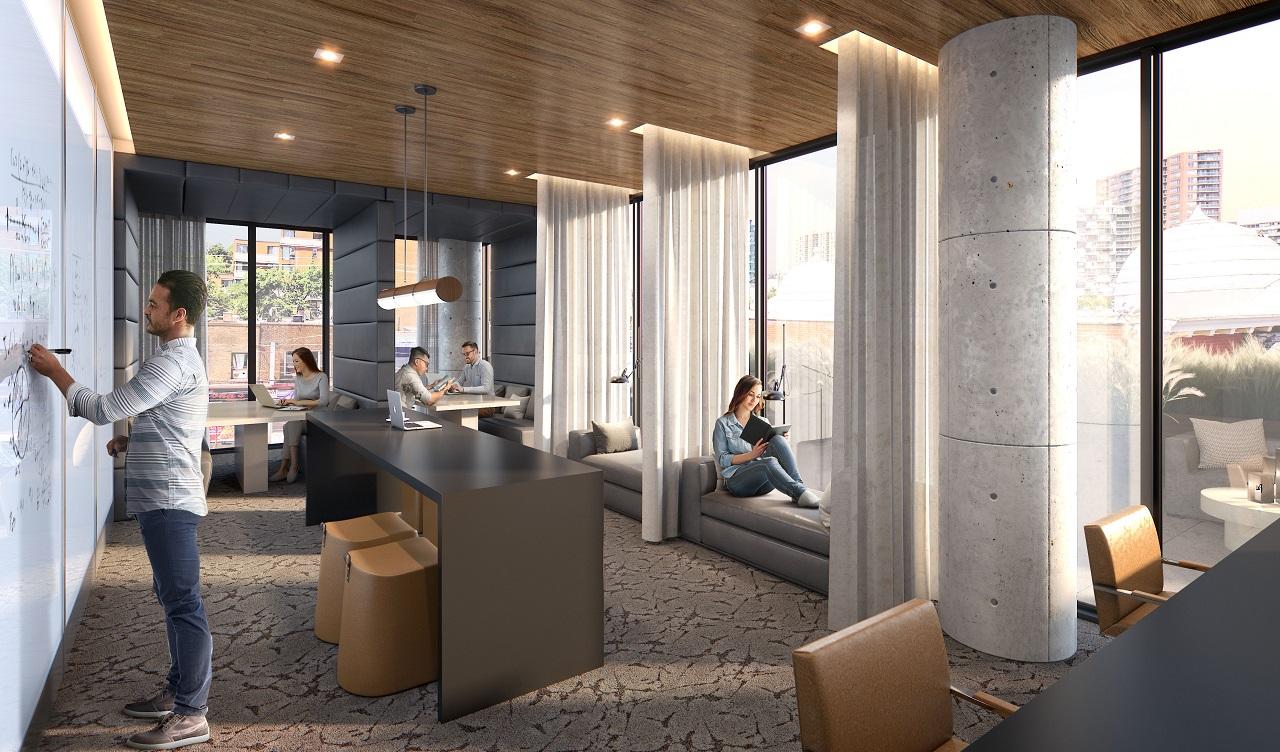 Business lounge rendering of XO Condos in Toronto.