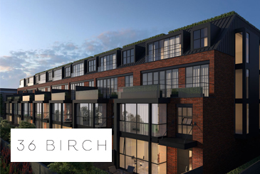 Exterior rendering of 36 Birch Condos with logo overlay.