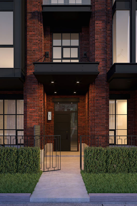 Exterior rendering of 36 Birch Condos building entrance.