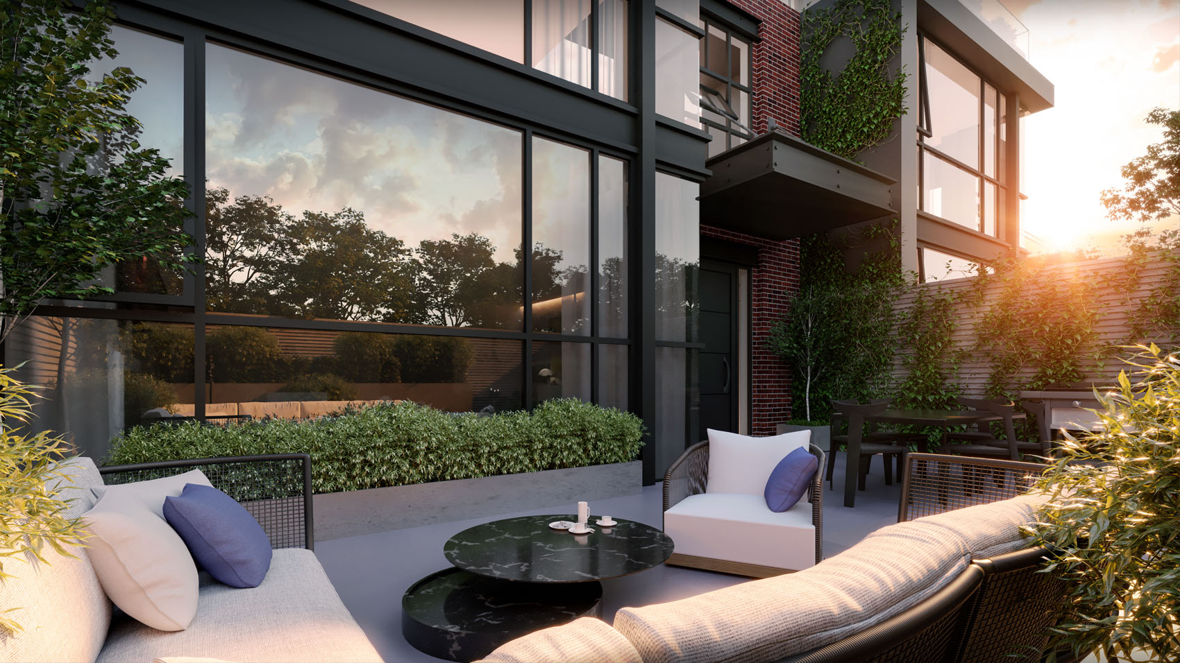 Exterior rendering of 36 Birch Condos outdoor patio.