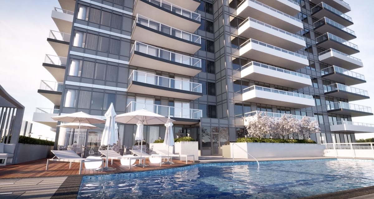 Rendering of Universal City Condos Phase 2 building exterior and swimming pool.