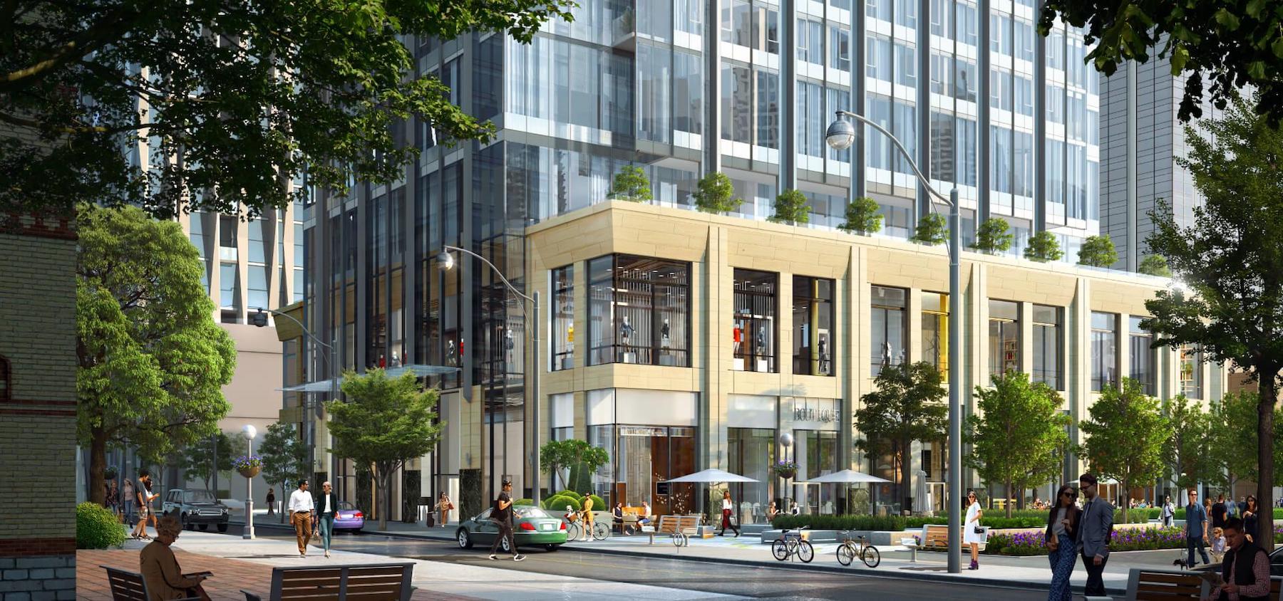 Rendering of CRU 11 Yorkville Condos building exterior street area.