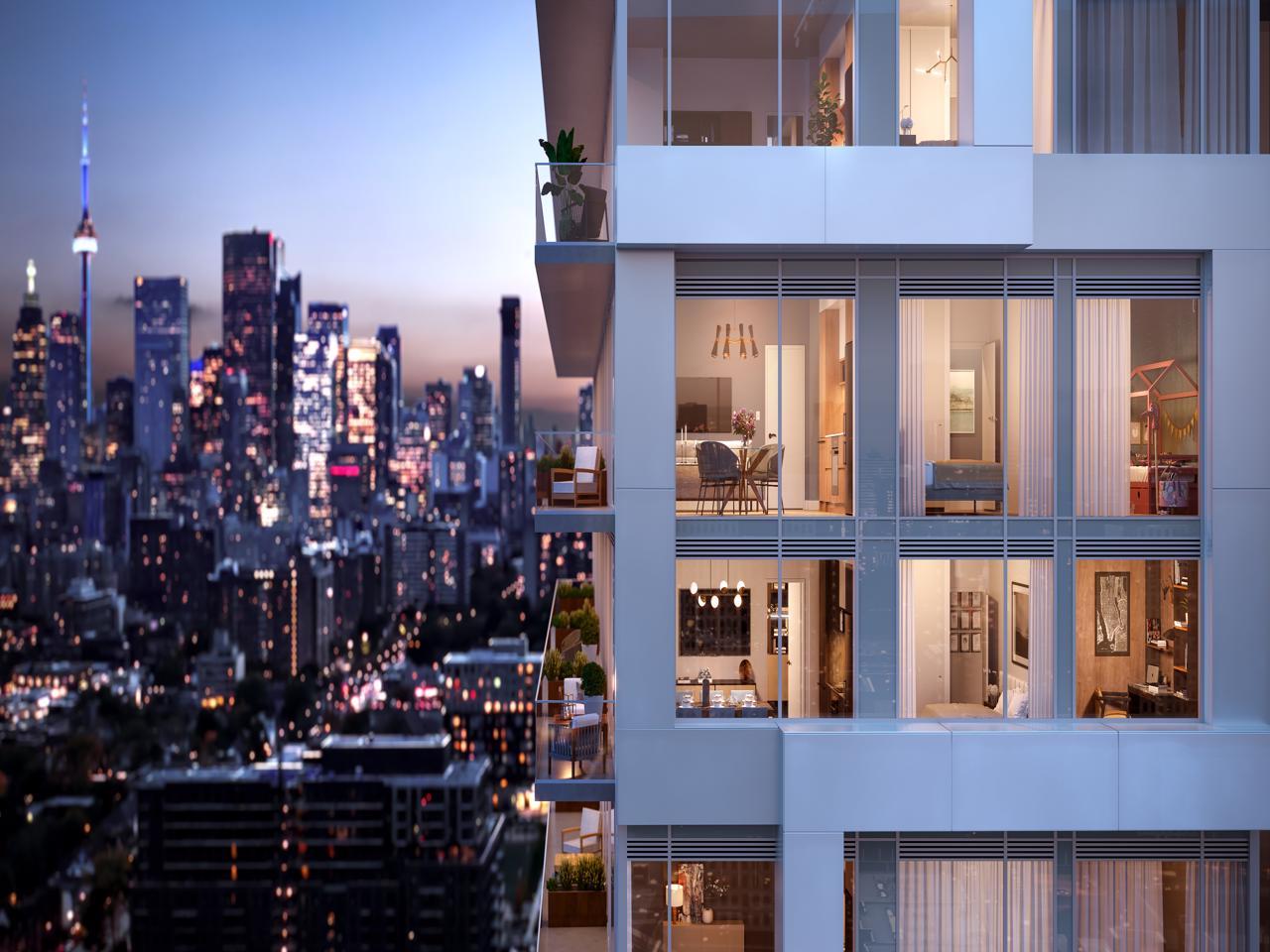 Rendering of River and Fifth Condos Exterior in the Evening