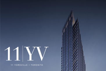 Exterior rendering of 11 YV Condos with logo overlay.