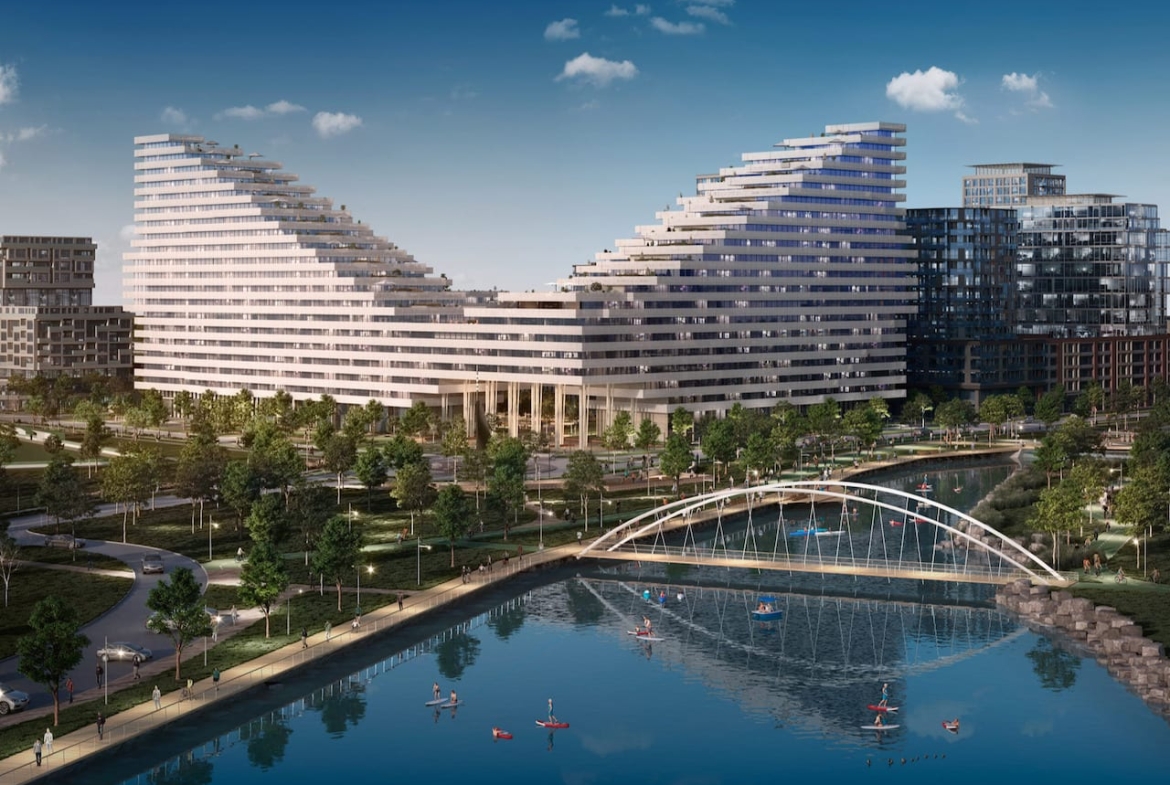 Exterior rendering of Harbourwalk at Lakeview Village cicada design view from water