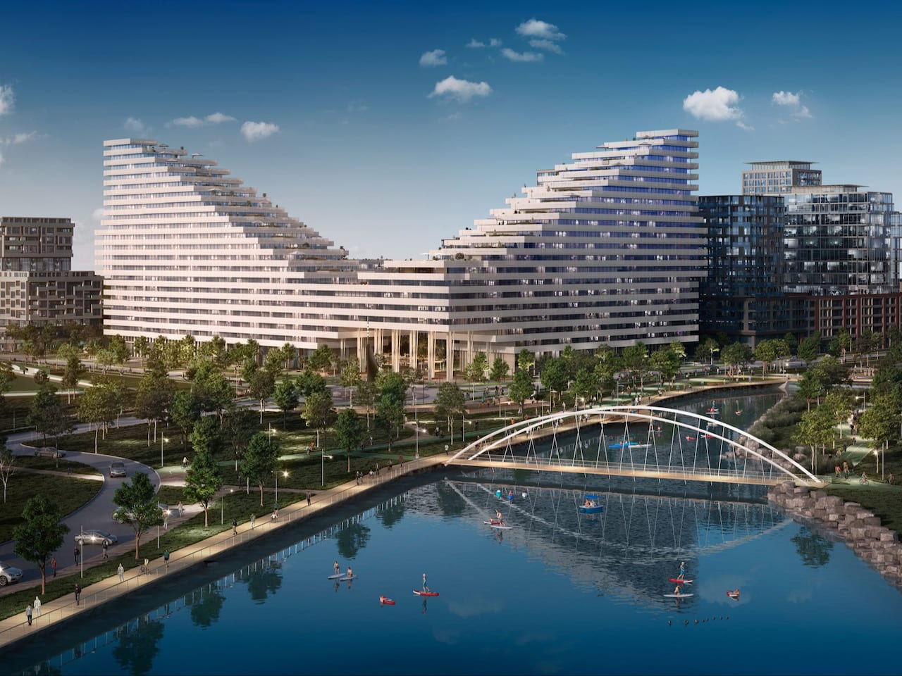 Exterior rendering of Harbourwalk at Lakeview Village cicada design view from water