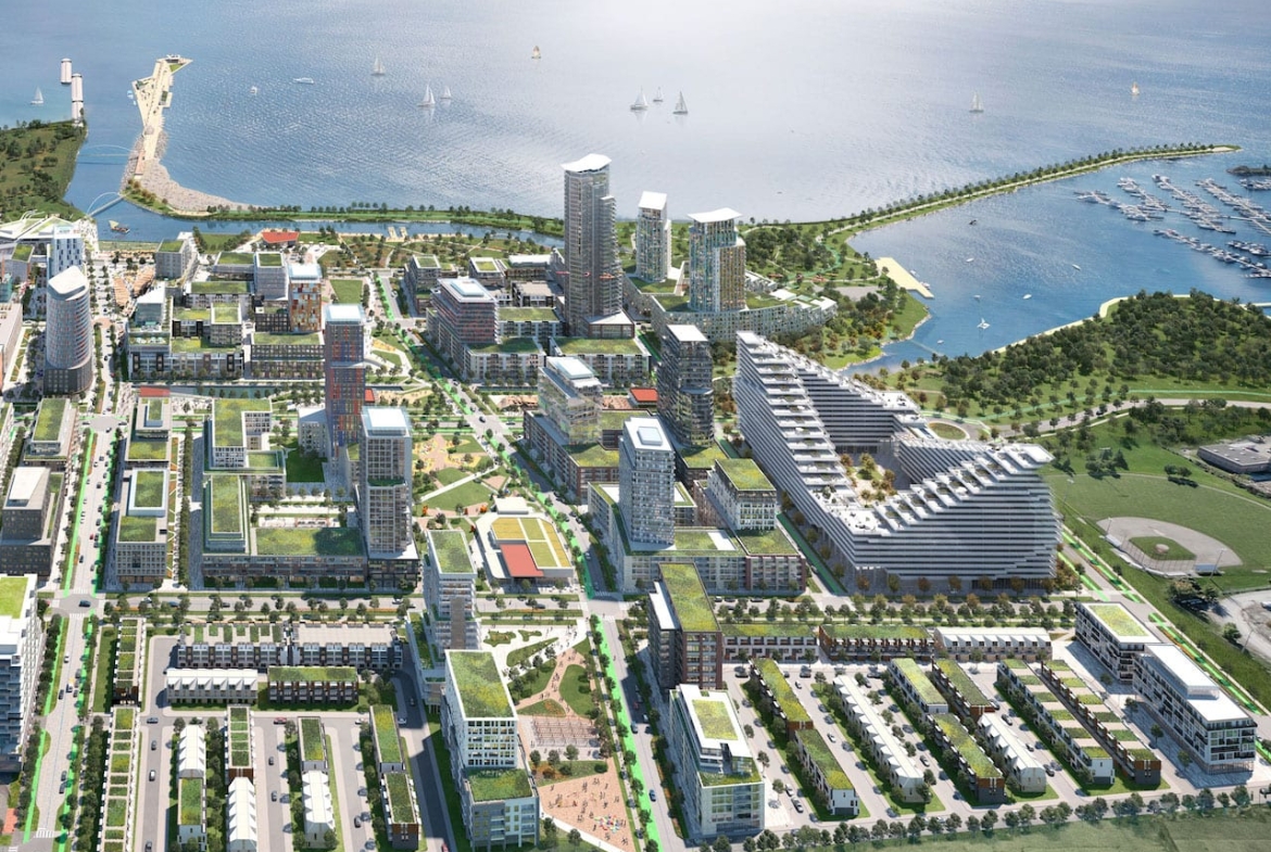 Rendering of Harbourwalk at Lakeview Village aerial crop