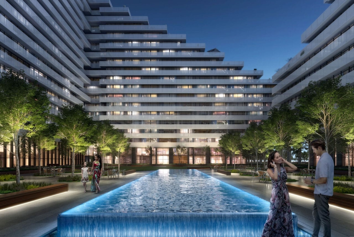 Exterior rendering of Harbourwalk at Lakeview Village courtyard