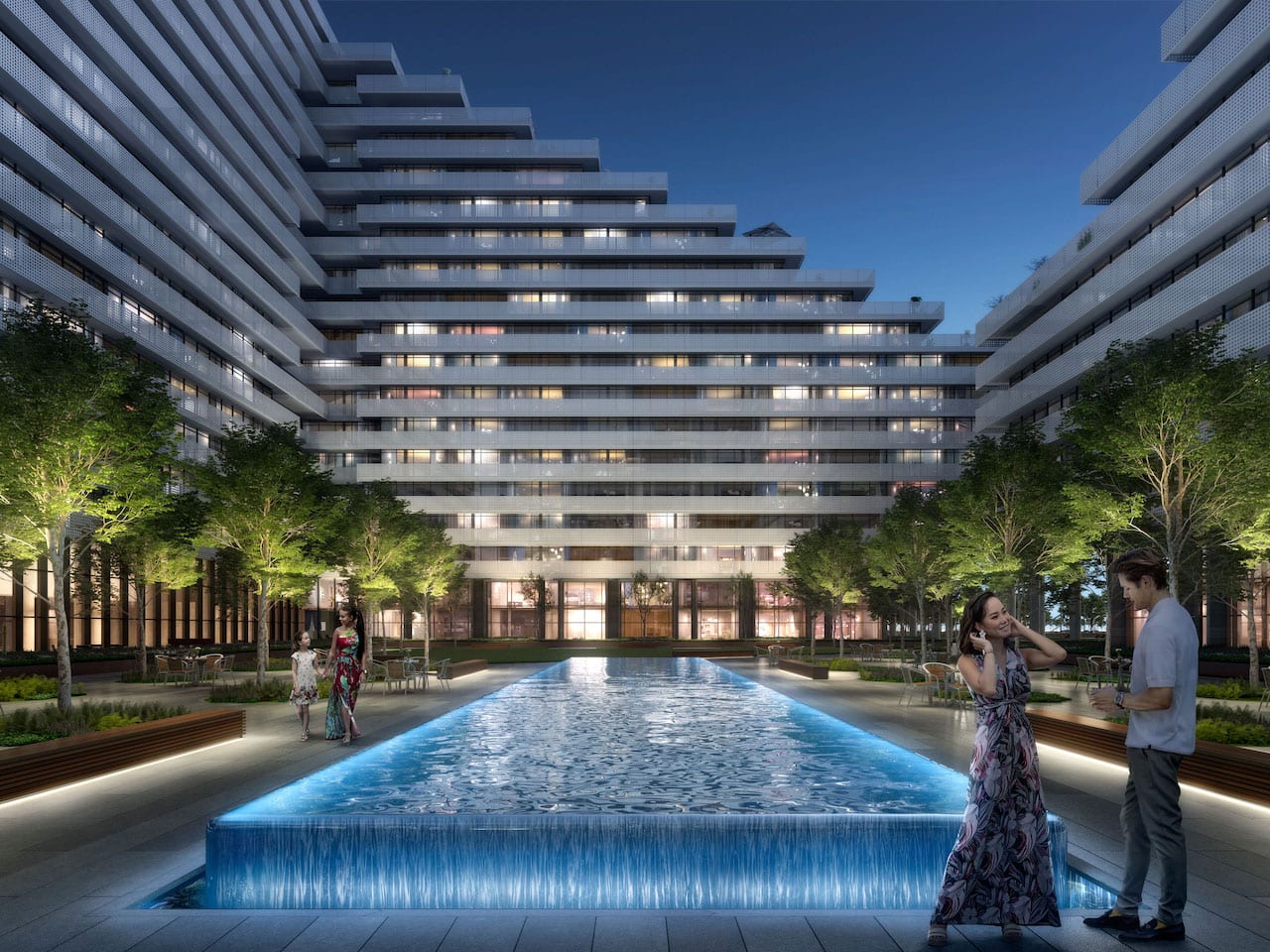 Exterior rendering of Harbourwalk at Lakeview Village courtyard