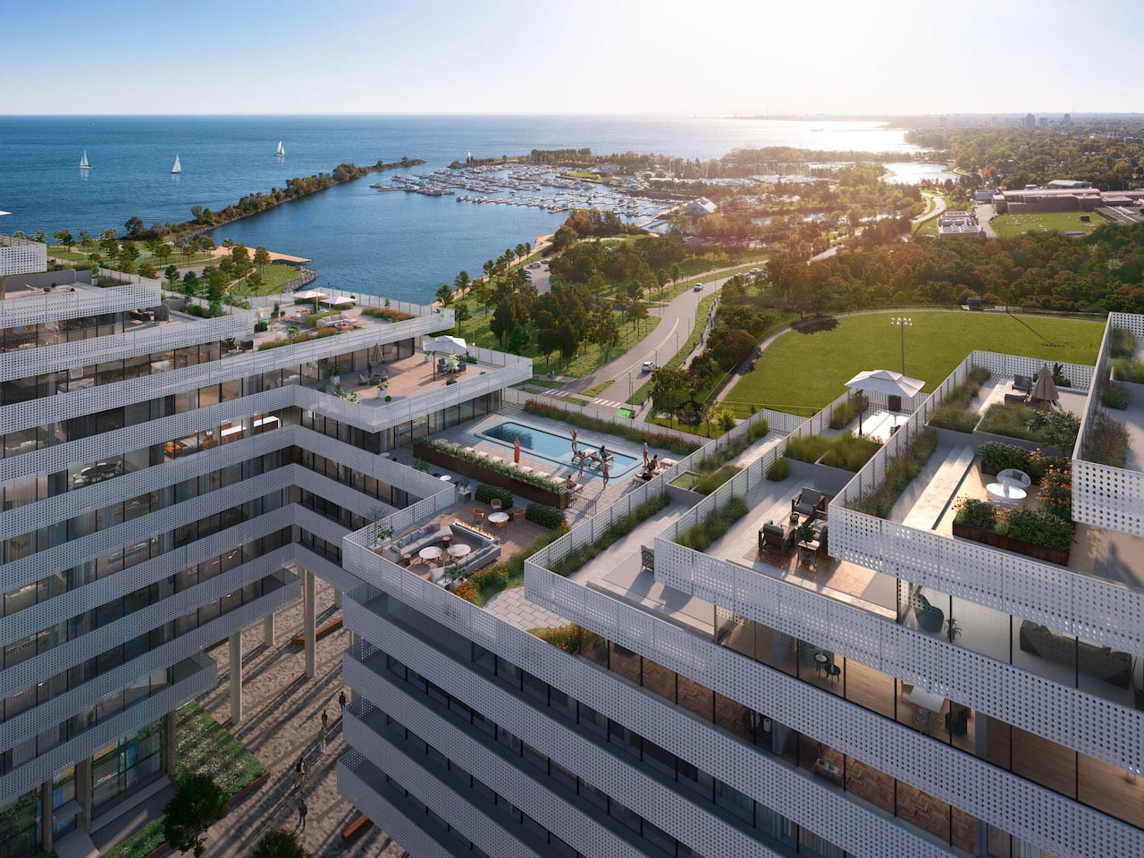 Exterior rendering of Harbourwalk at Lakeview Village aerial of pool and terraces