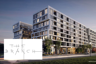 Exterior rendering of The Branch Condos with logo overlay.