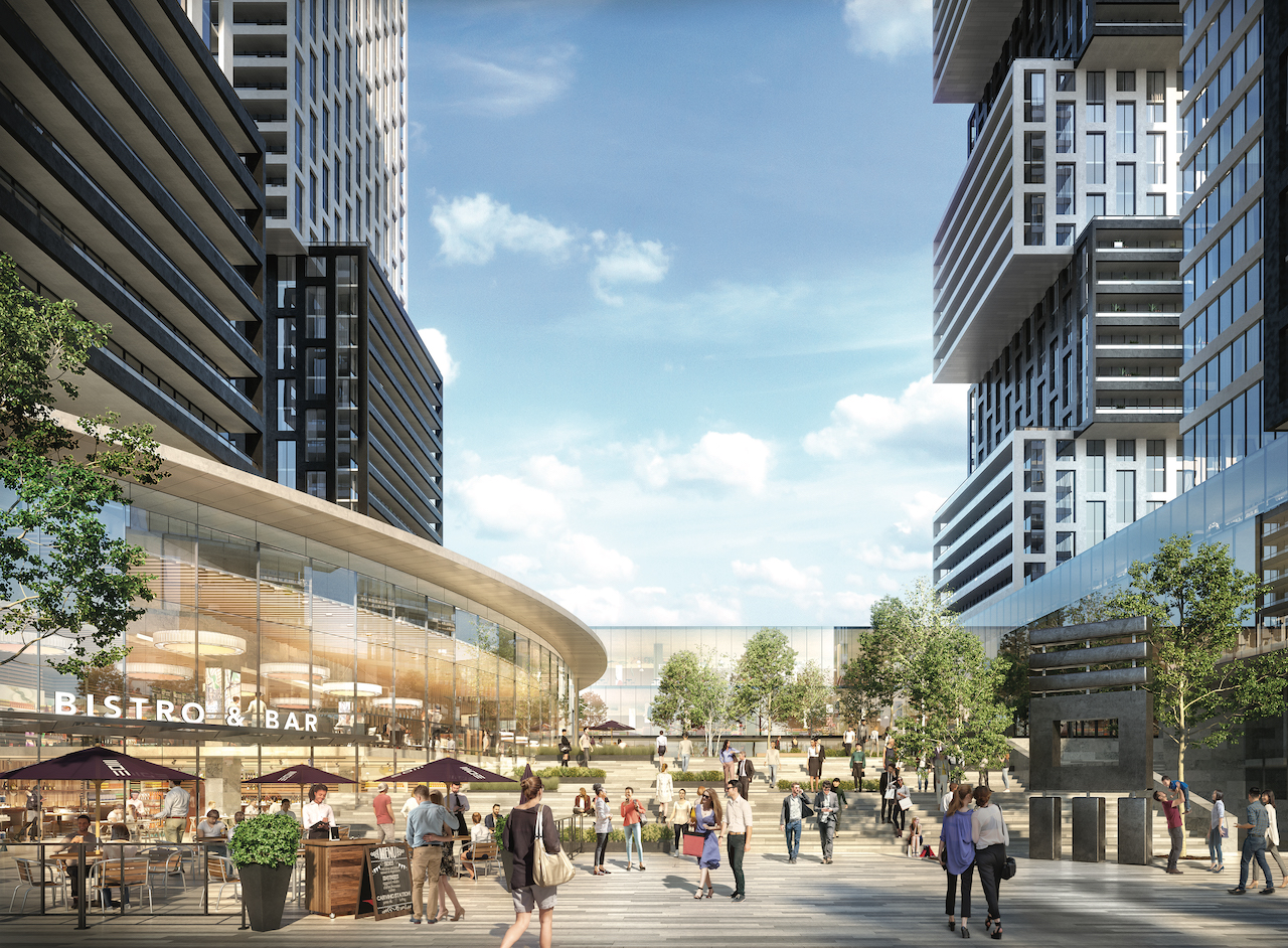 Rrendering of Exchange District Condos in Mississauga public piazza.