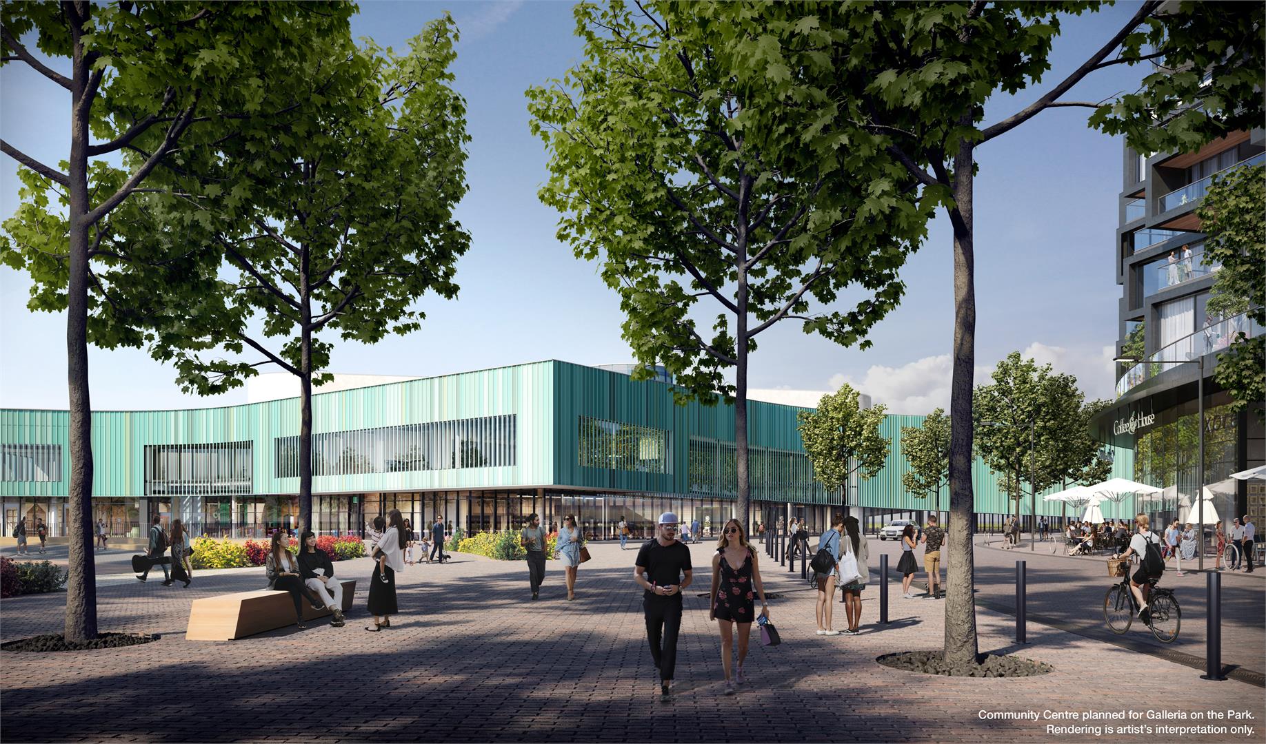 Exterior rendering of the Galleria Condos Community Centre with people walking outside.