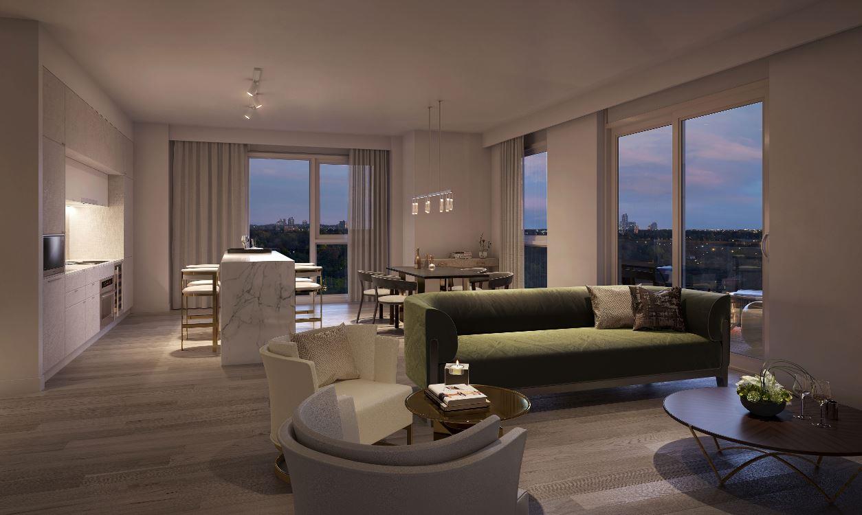 Rendering of St. Clair Village Condos penthouse suite living area during the day.