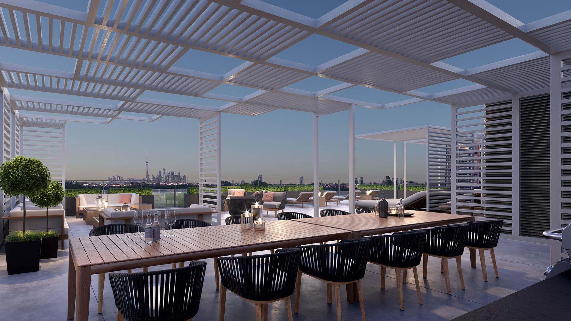 Rendering of St. Clair Village Condos rooftop patio at night.