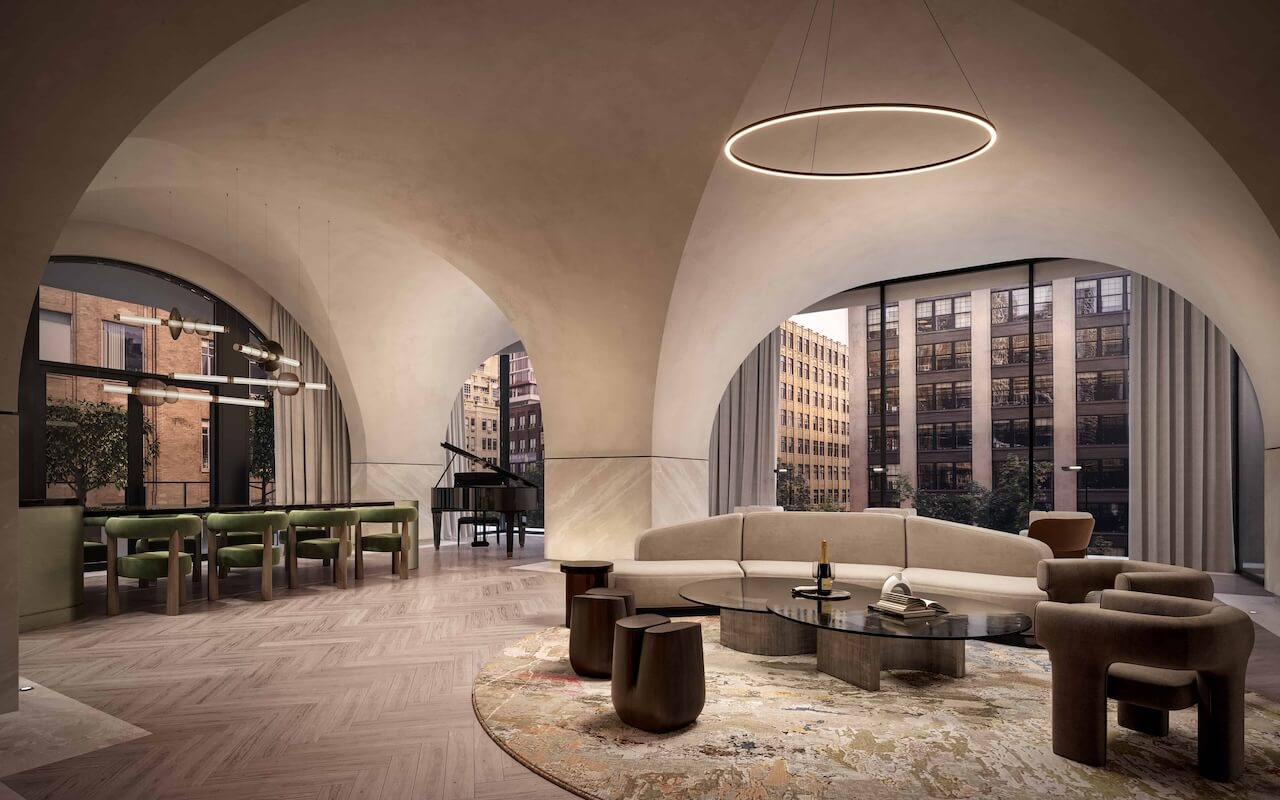 Rendering of 101 Spadina event lounge and dining with grand piano