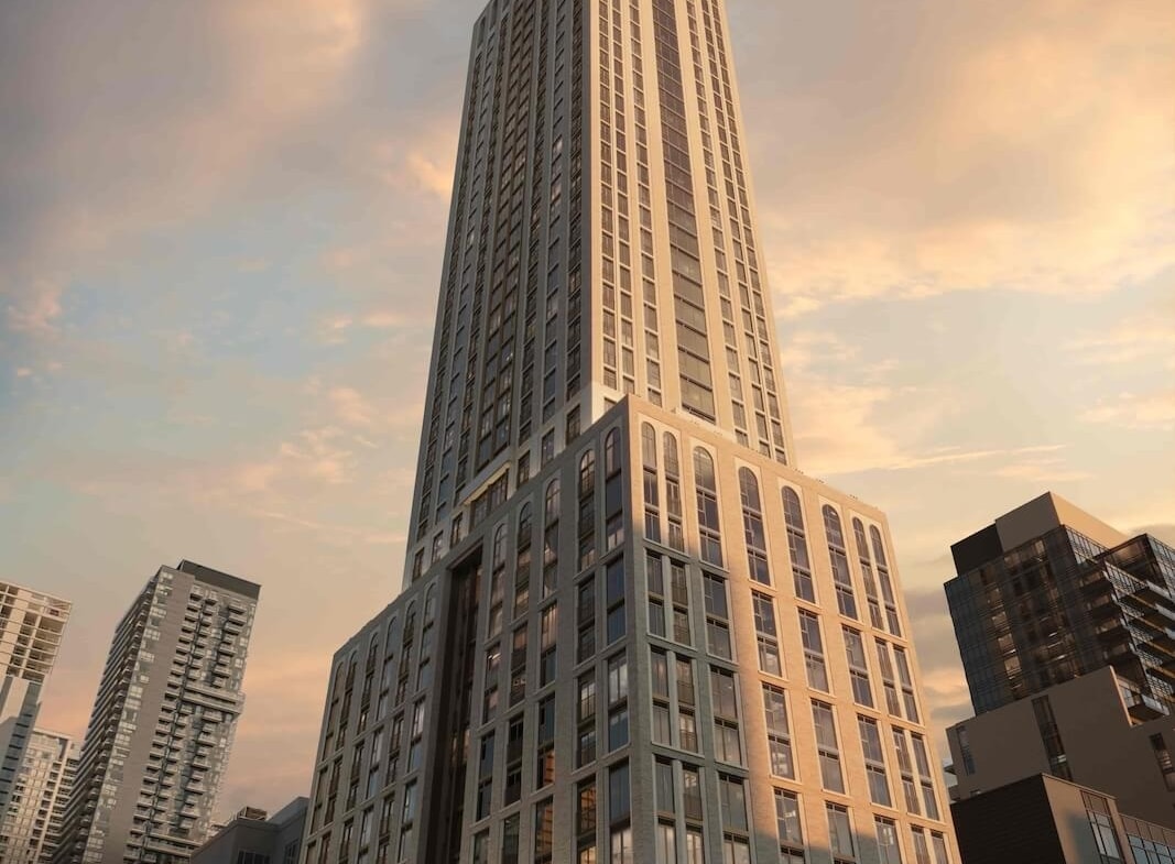 Rendering of 101 Spadina exterior worms-eye-view