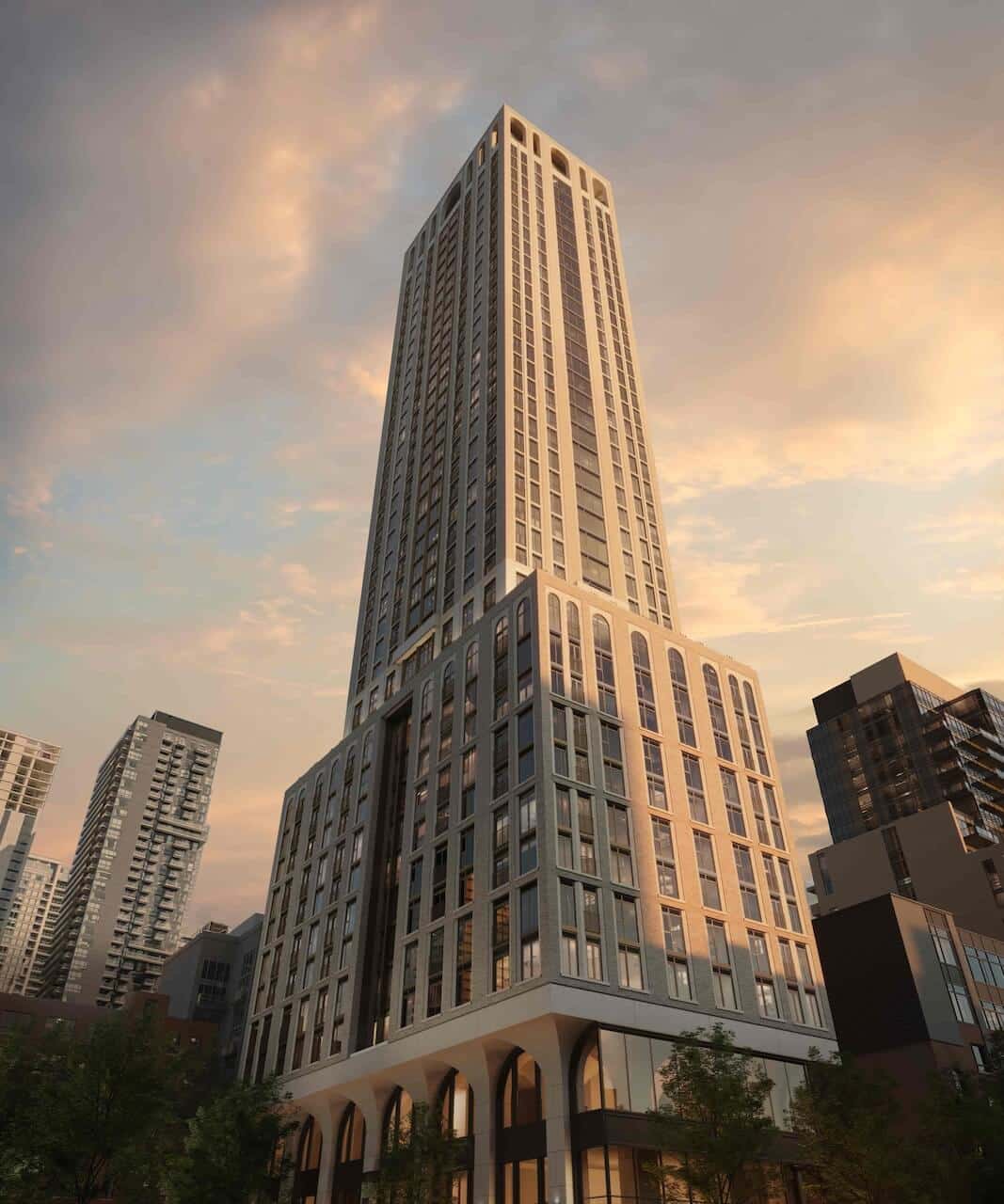 Rendering of 101 Spadina exterior worms-eye-view