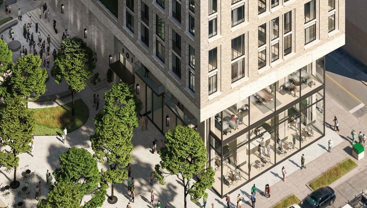 Rendering of 101 Spadina Condos exterior lower half close-up aerial