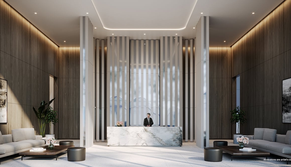 Brightwater Condos lobby with concierge