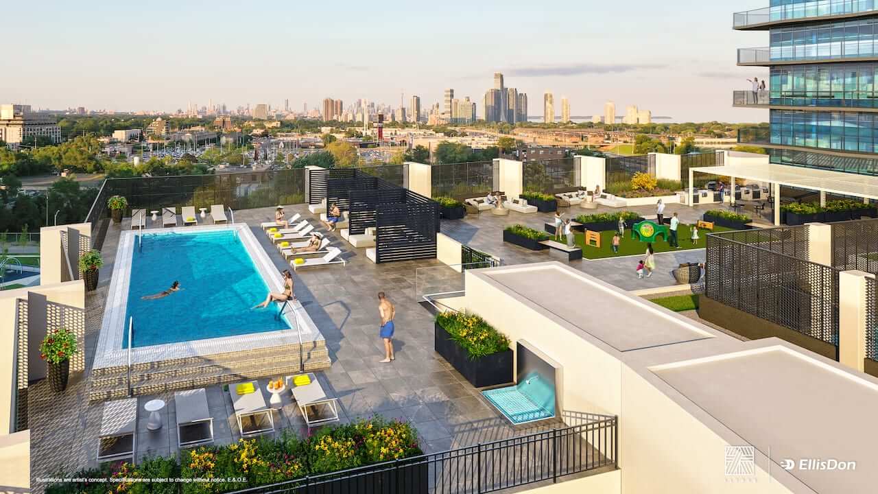 Rendering of Thirty Six Zorra Condos terrace aerial