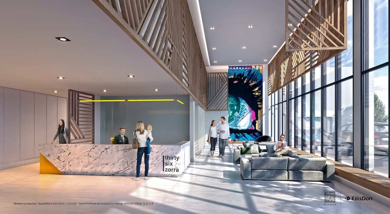 Rendering of Thirty Six Zorra Condos lobby interior