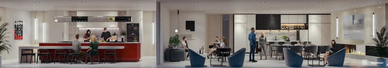 Rendering of Thirty Six Zorra Condos party room and co-working space interior