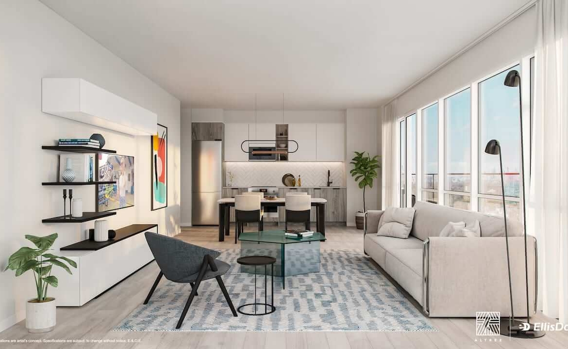 Rendering of Thirty Six Zorra Condos suite interior living room area