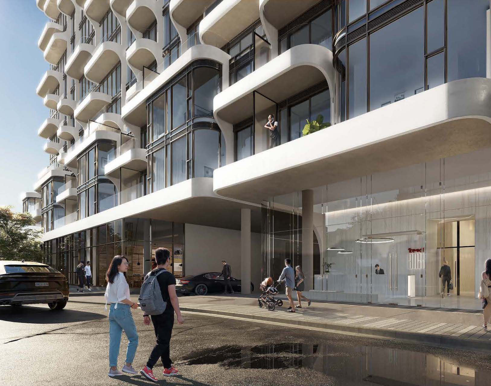 Exterior rendering of Anx on Dupont Condos entrance during the day.