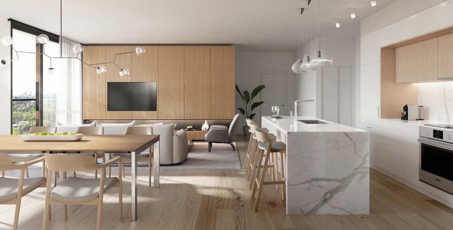 Rendering of Anx on Dupont Condos suite interior open concept kitchen.
