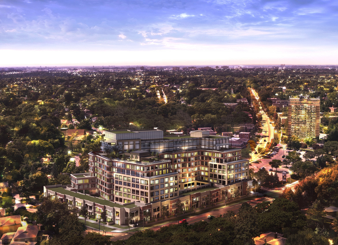 Dusk Aerial Rendering of Edenbridge Kingsway Condos