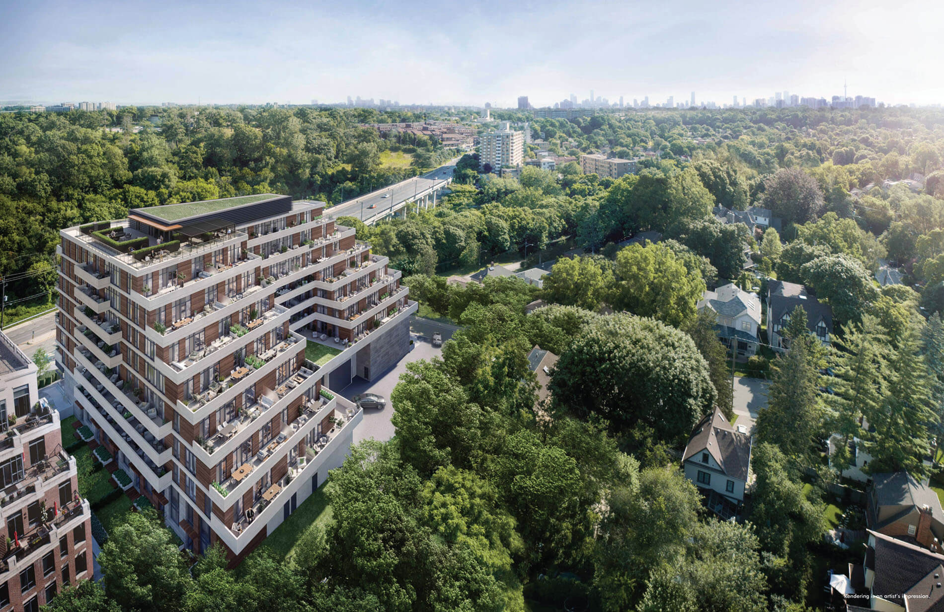 Aerial rendering of Kingsway Crescent Condos.