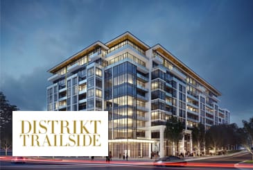 Exterior rendering of Distrikt Trailside Condos with logo overlay.
