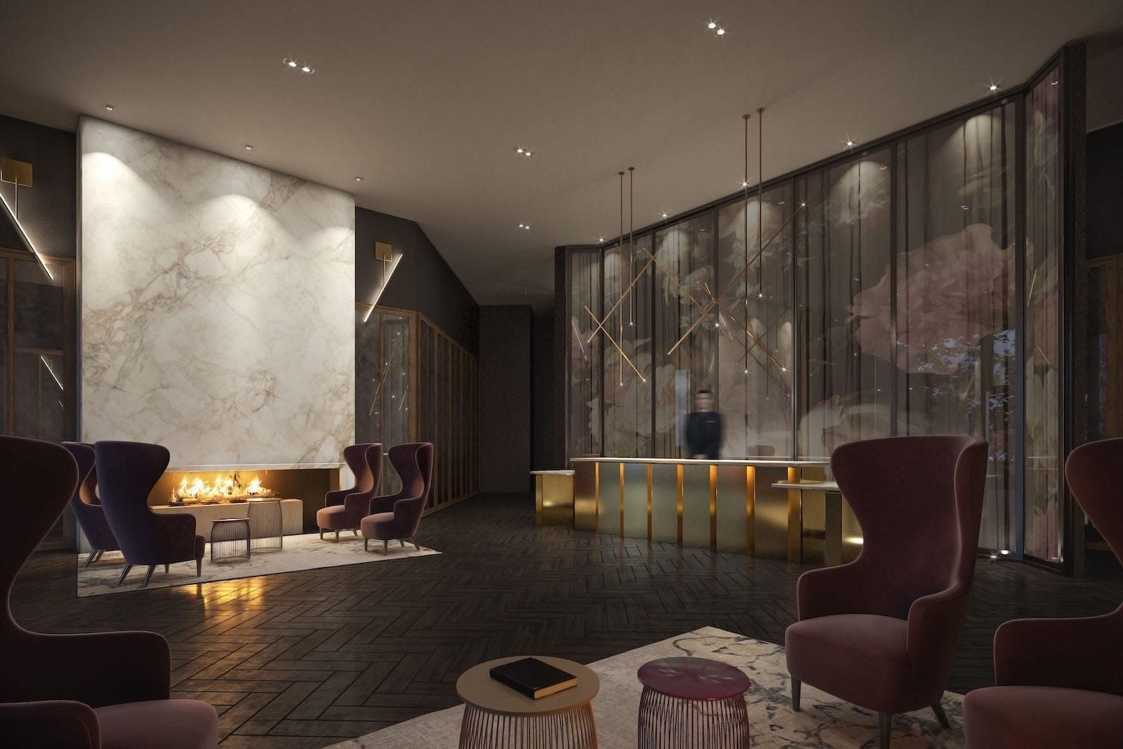 Lobby rendering of Distrikt Trailside condos.