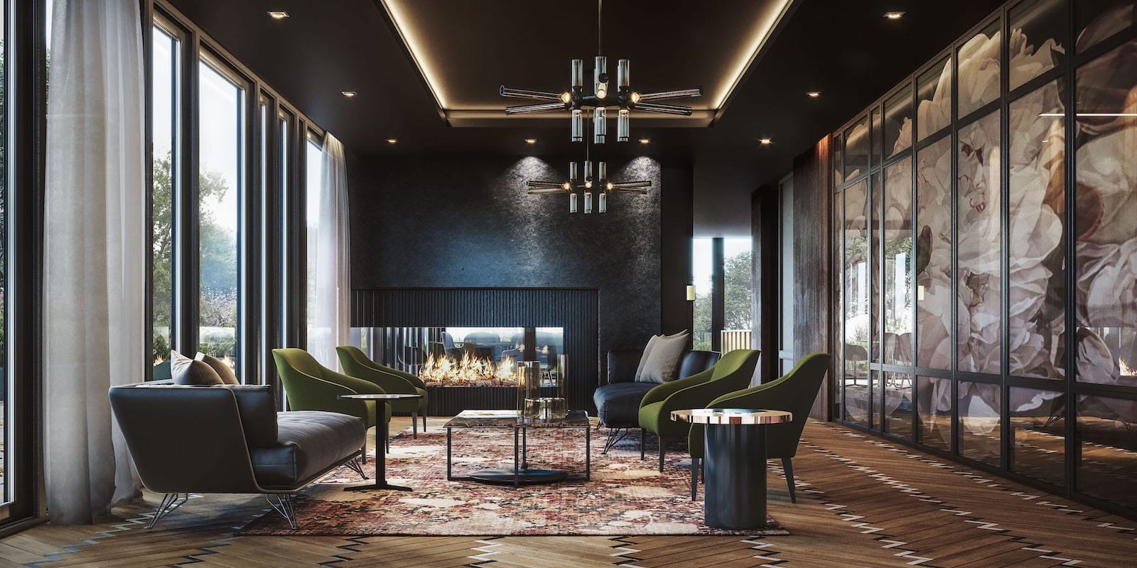 Lounge rendering of Distrikt Trailside condos.