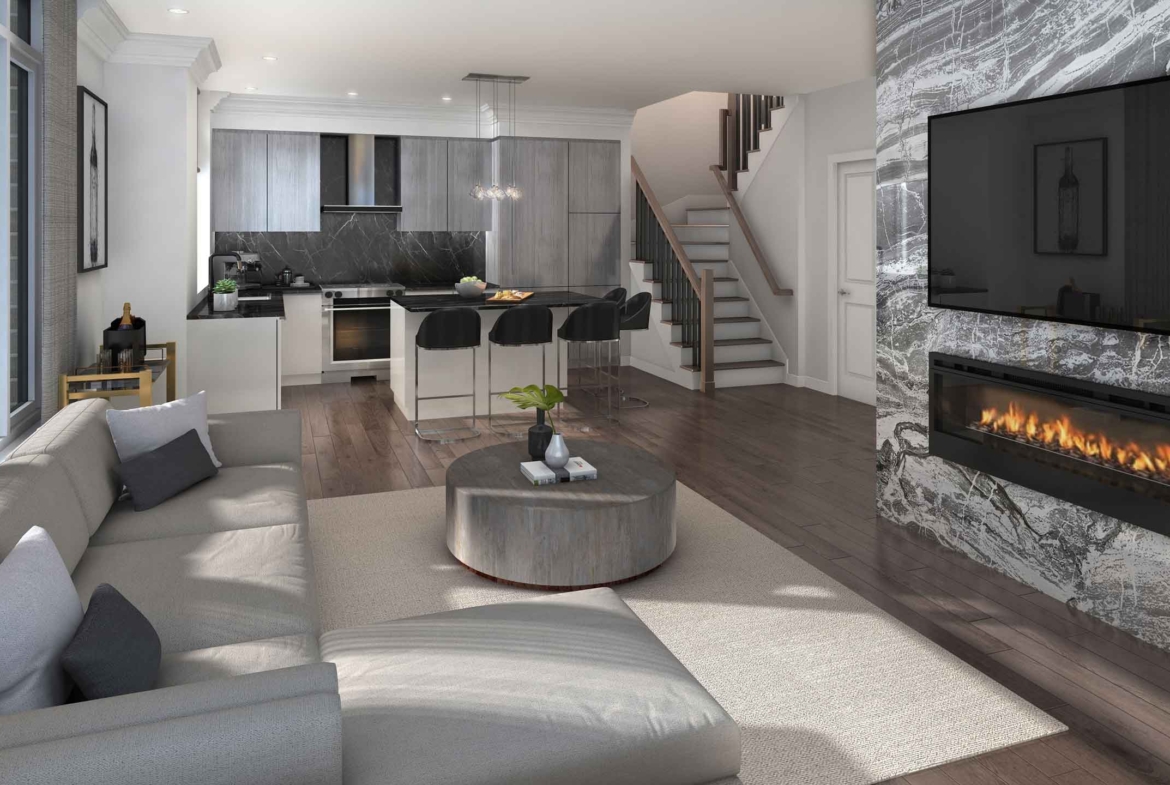 Rendering of 11 Altamont Towns suite living room with fireplace.
