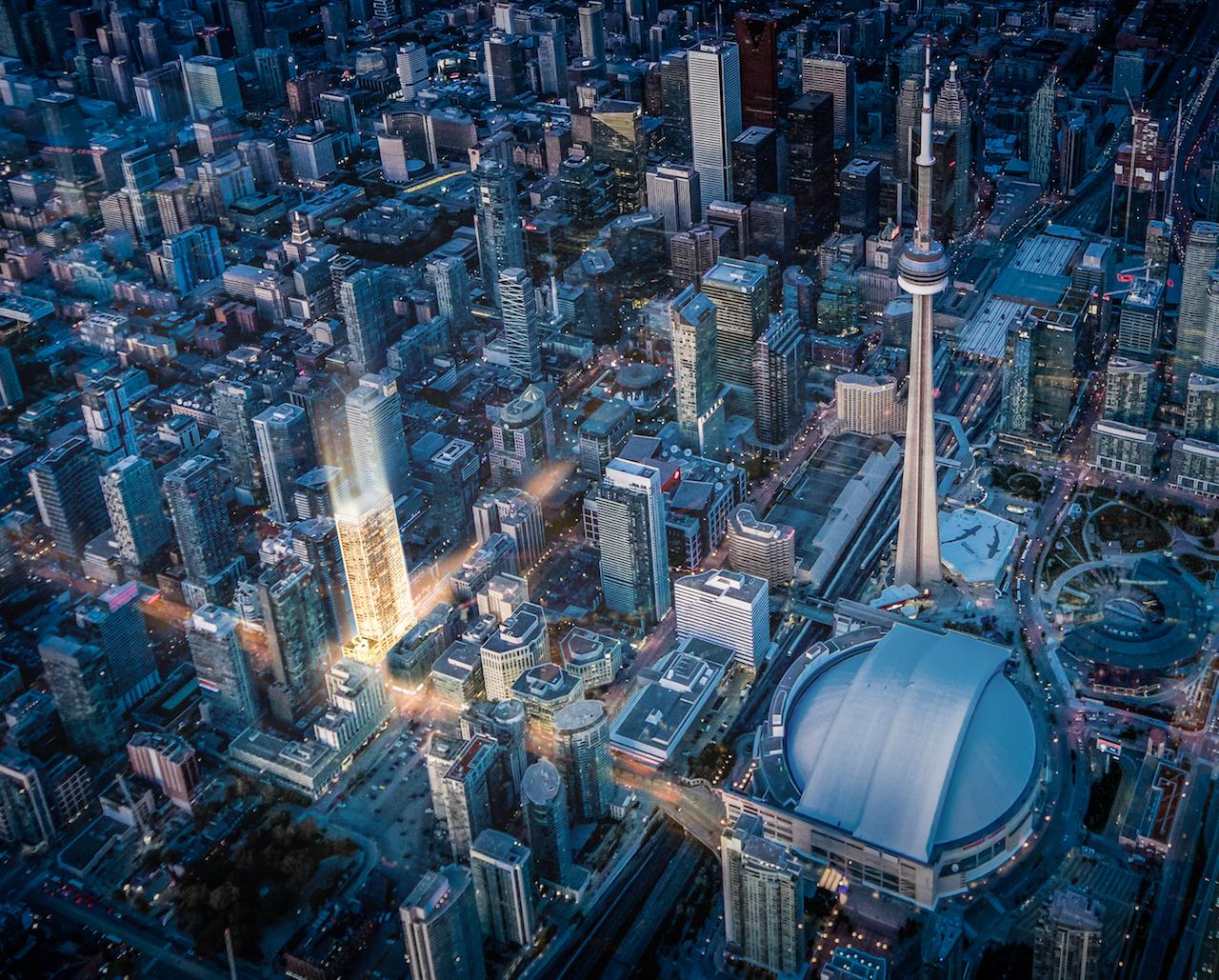 Rendering of 55 Mercer condos with CN Tower and Skydome.