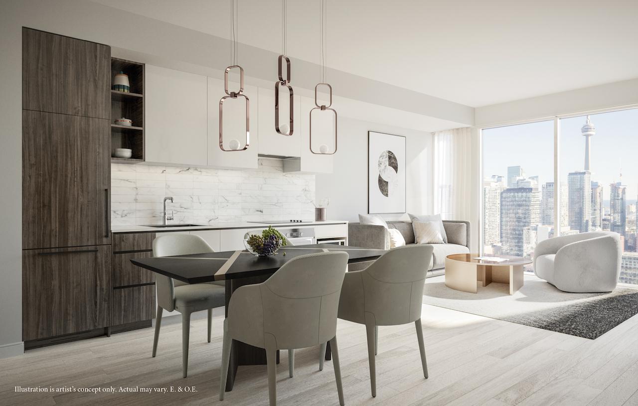 Rendering of 55 Mercer condos interior dark-coloured cabinetry.